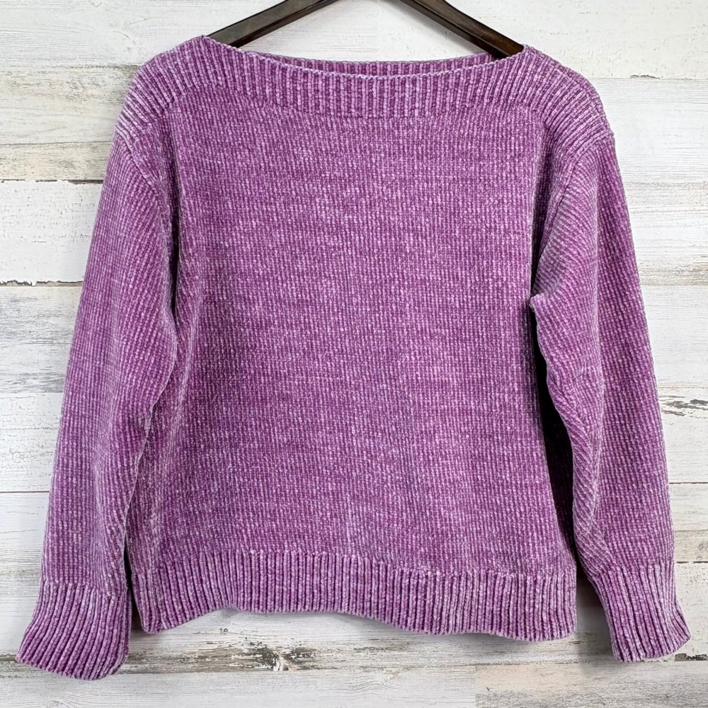 Tommy Bahama Chenille Sweater Women Small Purple Boat Neck Ribbed Knit Cozy Chic